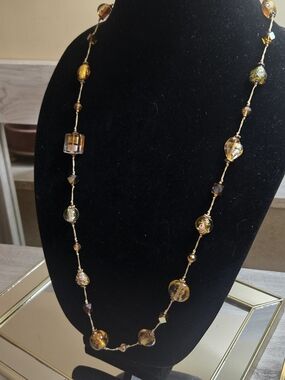 Vintage Italian Murano Amber Glass Bead Long Necklace